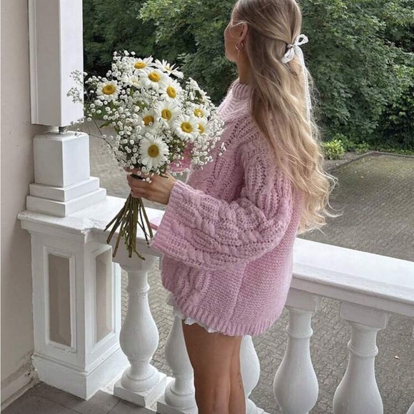 Sweaters - Chunky sweater cable knit Cozy Pink Cable Knit Sweater